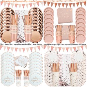 Einweggeschirr Roségold Geburtstagsdekorationen Geschirr Set Pappbecher Erwachsene Hochzeit Party Kinder Babyshower Mädchen 221128