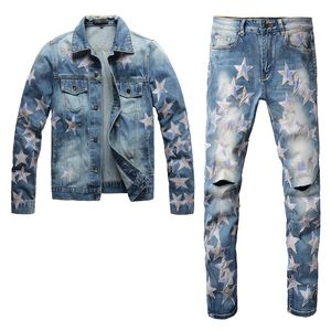 2023 Tracksuits Light Blue Ripped Holes Men's Set Spring Autumn Star Patch Long Sleeve Denim Jacket och Stretch Skinny Jeans Two Piece Set