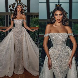 Abiti da sposa a sirena con paillettes alla moda Abiti da sposa in pizzo con spalle scoperte Aso Ebi Perline lucide Abito da sposa arabo