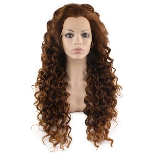 26" Extra Long Curly Wig Brown Blonde Heat Friendly Synthetic Hair Lace Front Party Wig