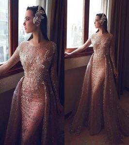 Arabic Rose Gold Mermaid Evening Dresses 2020 Sparkly 3D Flowers Prom Dresses With Over Skirt Plus Size Formal Party Gown BC39802161296