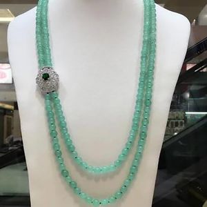 Dongling Green Jade Beads Multilayer Micro Inlay Zircon Clasp Lång halsband tröja kedja 32 tum