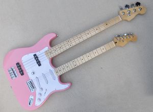 Pembe 4 ve 6 Dizeler Akçaağaçlı Çift Boyun Elektro Gitar Beyaz Pickguard Chrome Donanım