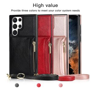Shockproof Phone Cases for Samsung Galaxy S22 S21 S20 Note20 Ultra Pure Colour PU Leather Dual Buckle Kickstand Protective Case with Zipper Coin Purse and Card Slots