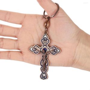 Keychains Inri Jesus Cross Pendant Keychain Crystal Ancient Bronze Color Alloy Holder Key Ring Religious Christian Jewelry Accessories