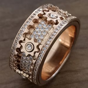 Band Punk Turn Gear Ring Luxury Rose Gold Silver Color Zironia Anillo For Women Men Wedding Party Jewelry Accessories Couple Gifts 221125