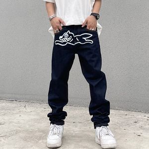 Jeans masculinos High Street Men Flying Dog Print Straight solto jeans casual calça vintage harajuku calça lavada de hip hop streetwear masculino 221128