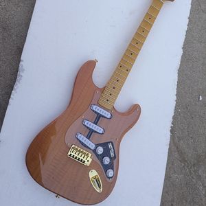 6-saitige E-Gitarre in Naturholzfarbe mit SSS-Tonabnehmern, Griffbrett aus gewelltem gelbem Ahorn, anpassbar