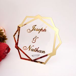 Party Decoration Custom Acrylic Mirror Frame Wedding Couple Name Babyshower Word Sign Hexagon Shape Decor With Nail Standing 221128