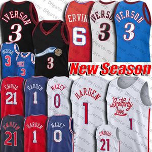 Джеймс Харден Джоэл Эмбиид Баскетбольная майка 0 1 21 Tyrese Maxey Allen Iverson Julius Erving Jerseys 2023 City Brotherly Love