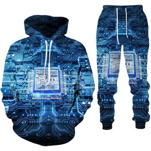 Herrsp￥rar Herrens roliga elektroniska chip 3D -tryckta hoodie -byxor Set m￤n kvinnor mode casual harajuku sport slitage hiphop ￶verdimensionerad