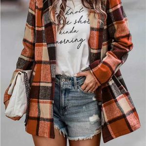 Vinterkläder Kvinnor Jackor Fashion Plaid Woolen Jacket Cardigans Loose Print Lång ärm Pocket Coat Cardigan Topps Damer