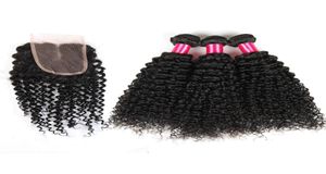 Top Hair Lace Closure With 3Bundles Braziian Kinky Curly Hair Extensions Virgin Malaysian Hair Top Closures4x4 ABalance Human We7149283