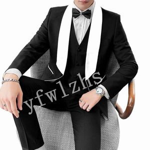 Wholesale Handsome Groom Tuxedos One Button Man's Suits Shawl Lapel Groomsmen Wedding Prom Dinner Man Blazer Jacket Pants Vest Tie N0169