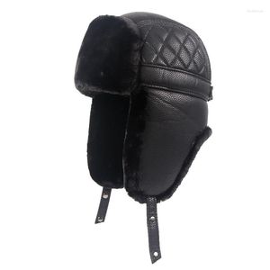 Berets Lenya High Quality Winter Warm Leather Pilot Cap Soviet Russian Ushanka Faxu Fur Hats Earflap Bomber Hat Men Black Snow