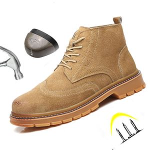 Boots Safety Shoes Men Genuine Leather Lace Up Rubber Sole Steel Toe Nonsmashing Punctureresistant Indestructible Work Ankle Boots 221128
