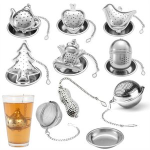 Nytt rostfritt stål TEA INFUSER TEAPOT/HEART/BIRD/FROG/TREE/STAR FORMED MESH Sile Coffee Herb Spice Diffuser With Dish Tray C1128