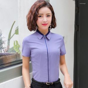 Kvinnors blusar Formella enhetliga mönster 2023 Summer Kort ärm och skjortor Ladies Office Work Wear Blus Kvinnliga toppar Gray