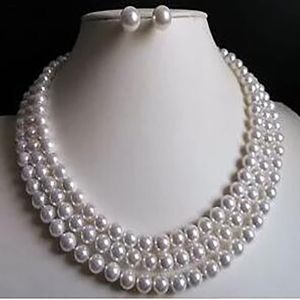 3 Rows 8mm white south sea shell pearl necklace Earrings 17-19"