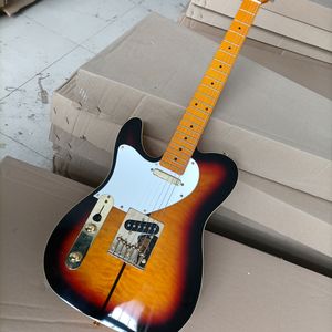 Chitarra elettrica Sunburst a 6 corde per mano sinistra con tastiera in acero giallo impiallacciato in acero trapuntato personalizzabile