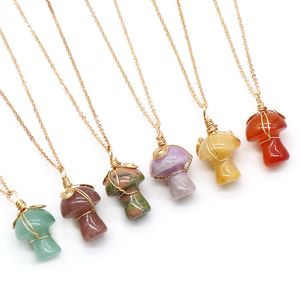 Wire Wrap Healing Natural Crystal Pendant Necklace Lovely Mushroom Charm Carnelian Opal Pink Purple Necklace Fashion Women Jewelry 001