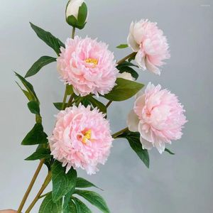 Dekorativa blommor h￶gkvalitativa 3 huvuden Peony Artificial Flower with Fake Leaf Flores Artificiales Living Room Decoration Mariage White