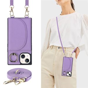 Halsband folio lychee korntelefonfodral för iPhone 14 pro max crossbody kedja flera kortplatser matt läder plånbok koppling fäste företag baksida