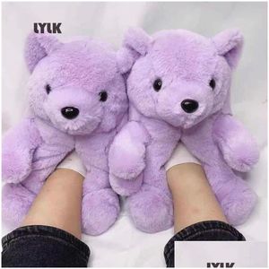 Slippers Slippers Cotton Shoes Furry Slides Winter Women Plush Teddy Bear Home Flat Cartoon Soft Fluffy Cute Warm Ladies Indoor Floo Dhcyb