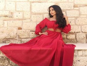 Two Piece Prom Party Dresses Arabia Dubai A Line Floor Length Red Chiffon Long Sleeve Formal Party Evening Gowns