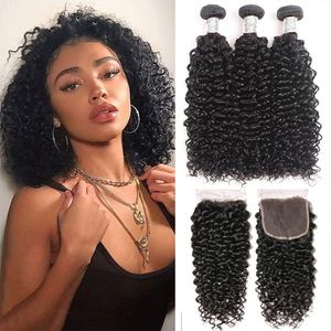 Brazilian jerry 3bundles with 4x4closure blend hair Raw Curly Human Hair Bundles 30 32 34 36 38 Inch Weave pieces