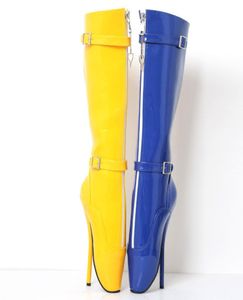 DHL 2018 Sexy 18cm Spike High Heel Women ballet Knee Boot Blue Yellow shiny zippered with straps BDSM customize plus size5863386