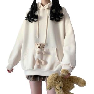 Kvinnors hoodies tröjor Spring Höstkvinnor Lossa söt Pocket Bear Toy Hoodie Hooded Sweatshirt College Girls Casual Kawaii Harajuku Pullover Tops 221129