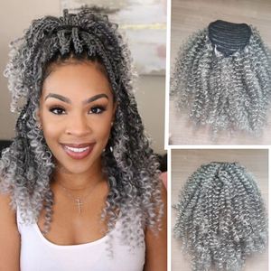Real human coily Kinky salt and pepper ponytail extension afro curly silver grey hair black white easy and secure clip pony tails hairpiece bun updo girls toppers