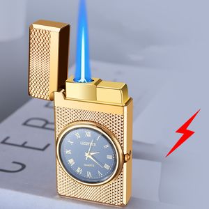 Nieuwe winddichte horloge wijzerplaat lichtere jet butane gas opblaasbare fakkel aanstekers metalen sigarenaansteker met pinggeluid rokende mannen gadgets