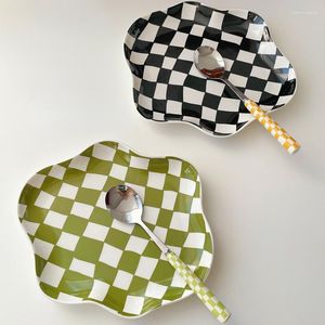 Plates 8-inch Cloud Checkerboard Ceramic Plate Korean Jewelry Lipstick Storage French Dessert Dinner