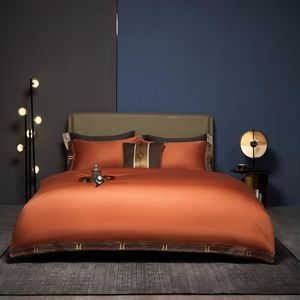 Zestawy pościeli luksusowe miękkie 600TC Długie zszywek bawełniany haftowany kołdra Zestaw podwójnej królowej King 4PCS Orange Set Arkusz 2 Pillowcase 221129