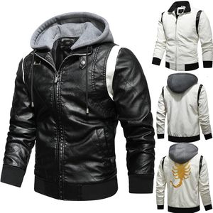 Men's Leather Faux Autumn Winter Bomber Jacket Men Scorpion Embroidery Hooded PU Motorcycle Mens s and Coats 221128