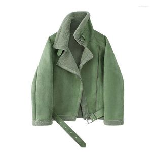 Kvinnans jackor 2022 Kvinnor Fur Jacka Green Zipper Loose Warm Lamb Wool Winter Vintage Thicken Moto Biker Lapel Female Chic Motorcykel