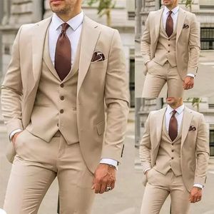 Khaki Groom Wedding Tuxedos Pieces Mens Pants Suits British Soild Color Prom Party Blazer Coat Jacket Vest Pants A1