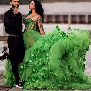 Sweetheart Green Princess Prom Dresses Crystals P rled Women Fairy Tulle Layed Ruffled Evening Dressfor Woman Lace Up Back