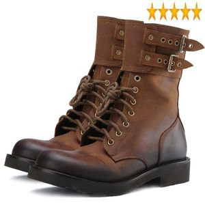 Boots Cow Luxury authentine Brand Retro Leather Western Men High Top Round Round Lace Up Riding Motorcycle Botas Platform Safety Shoe