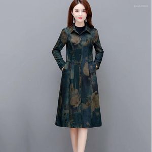 Kvinnors trenchrockar Spring Autumn Long Coat Women's Sleeve Print Cardigan Windbreaker Jacket Casual Parker Overcoat 6xl