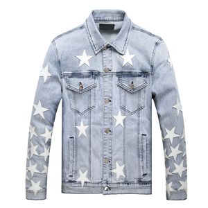 Herrjacka jbiker denim jacka man läder lappar applikationer stretch smala passform jean slitage