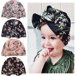 17x13cm Vintage Flowers Pattern Knitting Cotton Infant Hat Fashion Print Bowknot Baby Caps Kids Accessories Photo Props