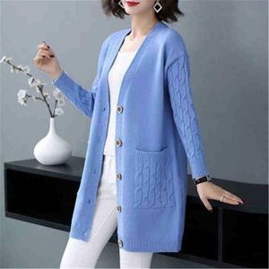 Kvinnors tröjor midi långa tröja väst kvinnor 2020 Autumn Winter Long Sleeve Pocket Sticke Jacket Kvinnlig blå stickad kläder ZY5072 J220915