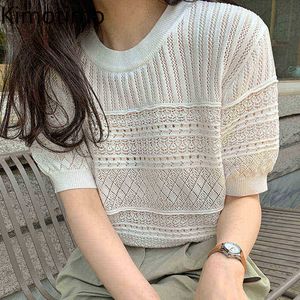 Swetry damskie Kimotimo Sweet Letni Sweater Korean Summer Sweet Ohals Sweters Design Design Jacquard Puff Ciasto Rękaw Thin Allmatch Knit Top J220915