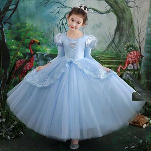 Blue Lace Flower Girl Bows Children's First Holy Communion Dress Princess Formal Tulle Ball Gown Wedding Party Pageant Gowns 403