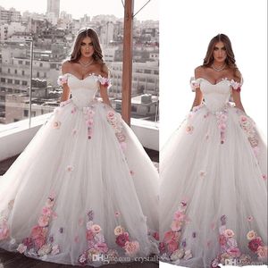 2024 Modern A Line Wedding Dresses Off Axel With Colorful Hand Made Flowers Sash Pärlad Tulle Sweep Train Formell Plus Size Brudklänningar