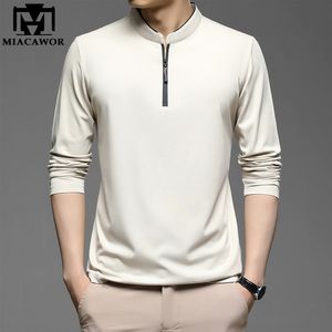 Herrpolos dragkedja skjortor män bomull fast färg full hylsa tee skjorta högkvalitativ smal fit camisa t994 221128