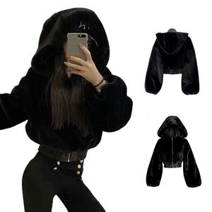 Kobiety FUR FUAX Autumn Winter Rabbit Bomber Teddy Płaszcz Zapip Streetwear High talia Ry Hooded Plush Jacket Cardigan Fleece Parkas 221128